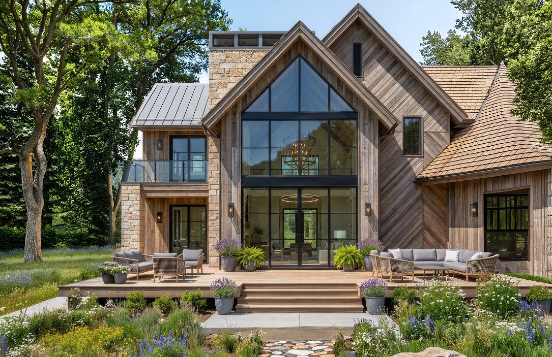 A one-story modern ranch home with natural stone and cedar wood siding, a metal roof, a dramatic timber gable entry, large black-framed windows and ornamental trees flanking a stone-lined landscaped front yard.