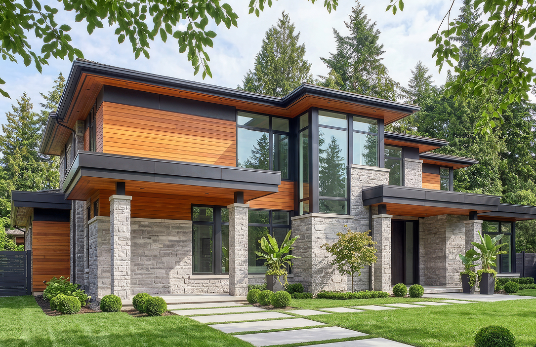 Exterior of a two-story contemporary home featuring warm wood siding, natural stone columns, large black-framed windows, and lush landscaping with a paved walkway. Tall evergreen trees in the background.