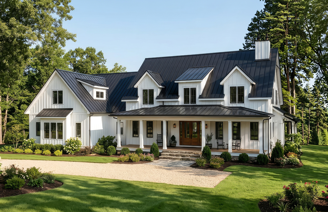 Front exterior of a two-story modern farmhouse with white vertical siding, a black standing-seam metal roof, black-trimmed dormers, a covered front porch with a wood entry door and rocking chairs, and a well-maintained lawn and landscaping.