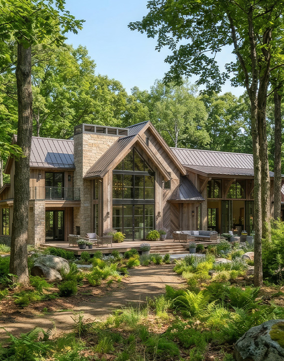 property-slider-Wooded Lots Exterior of a modern-rustic luxury home nestled in a woodland setting, featuring natural stone and reclaimed wood siding, dramatic timber-framed gabled entry with floor-to-ceiling glass, a standing-seam metal roof, a wood deck with outdoor seating, and lush native landscaping with ferns and boulders on a bright summer day.