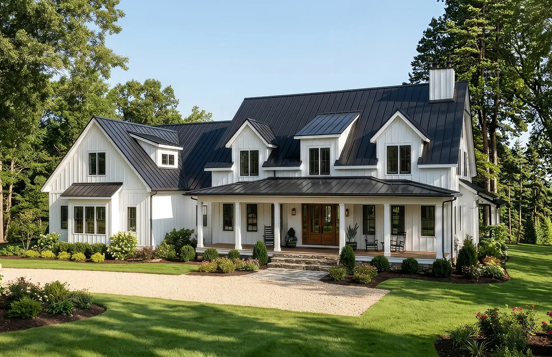 Front exterior of a two-story modern farmhouse with white vertical siding, a black standing-seam metal roof, black-trimmed dormers, a covered front porch with a wood entry door and rocking chairs, and a well-maintained lawn and landscaping.